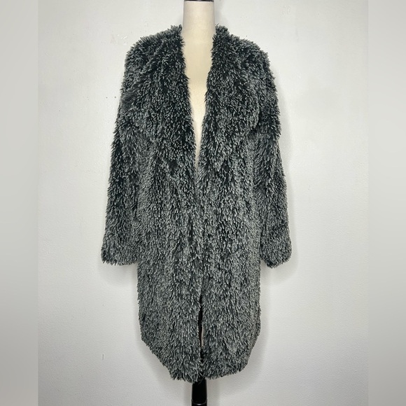 MICHAEL STARS Long Coat Cozy Faux Fur Jacket Gray Black Longline Size Medium - Picture 5 of 16